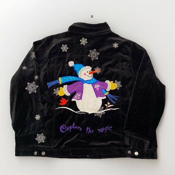 Quacker Factory Black Velvet Snowman Holiday Christmas Bling 2XL NEW Jacket VTG - Picture 1 of 9